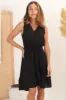 Cia Linen Mini Dress - Sleeveless Crochet Lattice Detail Pull Tie Waist Dress in Black sold by Salty Crush