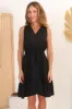 Cia Linen Mini Dress - Sleeveless Crochet Lattice Detail Pull Tie Waist Dress in Black sold by Salty Crush