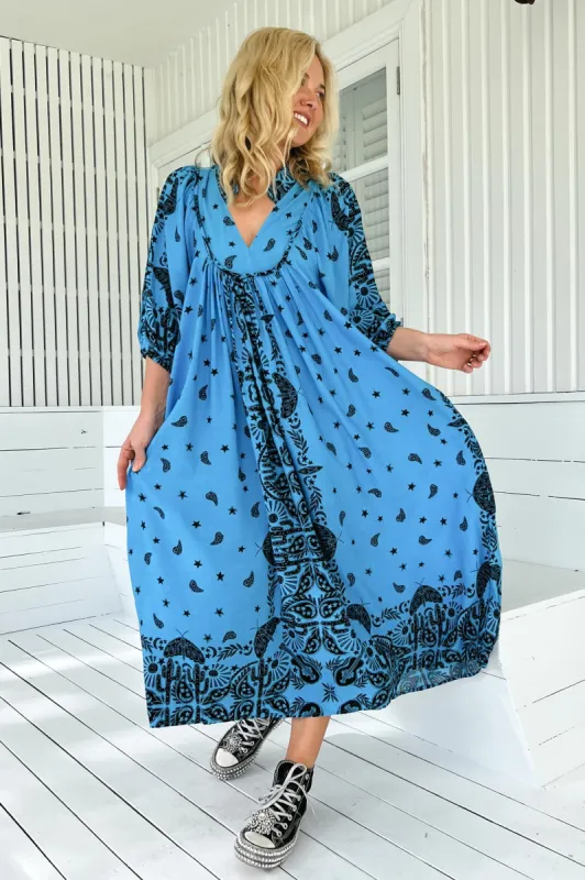 JAASE - Boheme Midi Dress: Piping Defined Bust Slimline Smock Dress In Texas Sky Print sold by Salty Crush