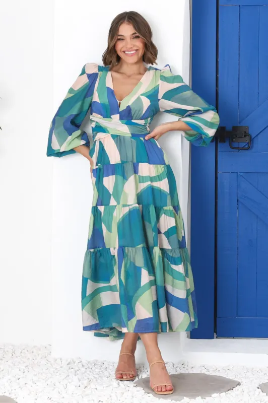 Amberlyn Maxi Dress - Tiered Balloon Sleeve A Line Dress in Meryl Print sold by Salty Crush