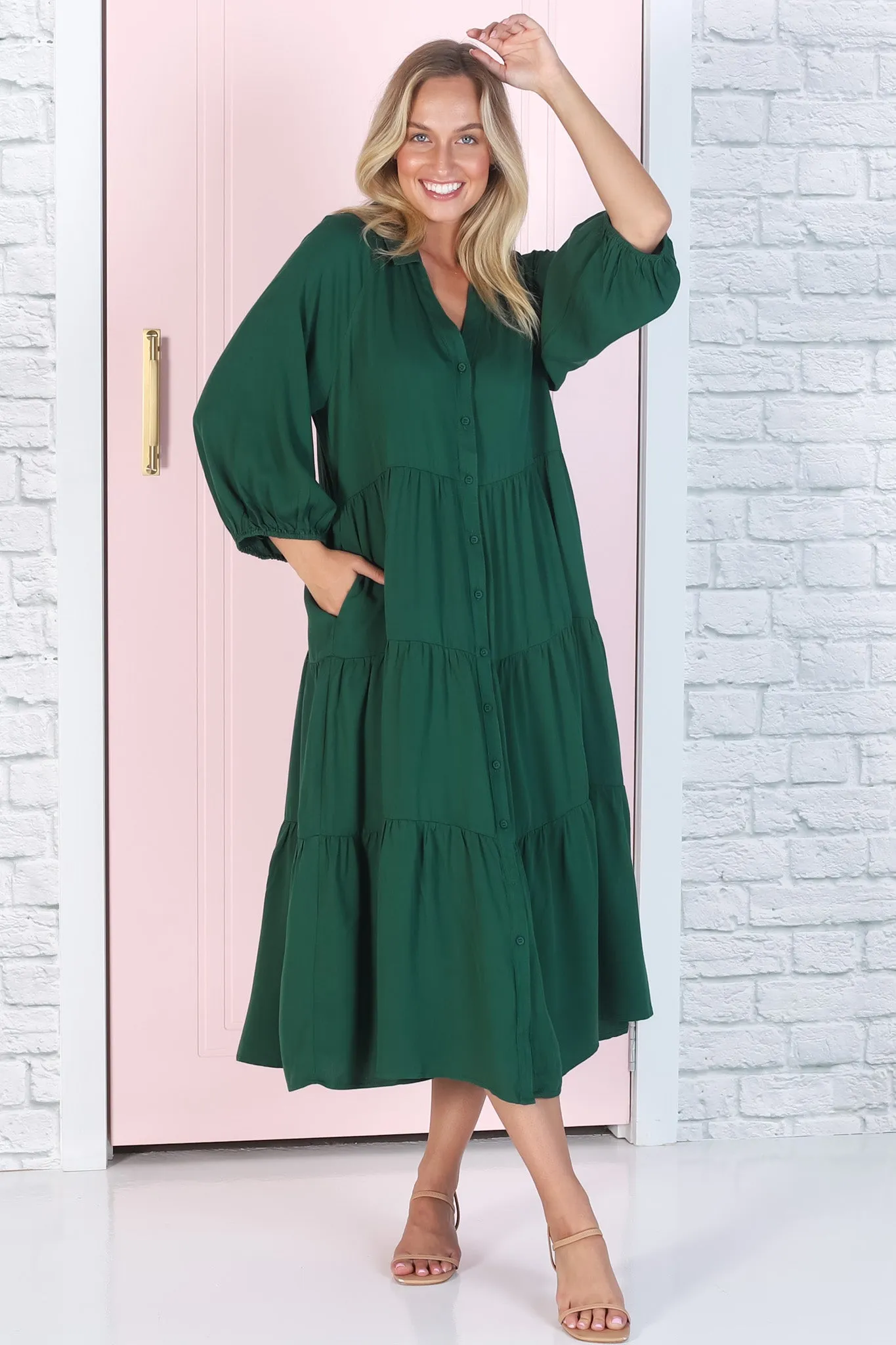 Zaraha Midi Dress - Folded Collar Button Down Tiered Dress in Green sold by Salty Crush