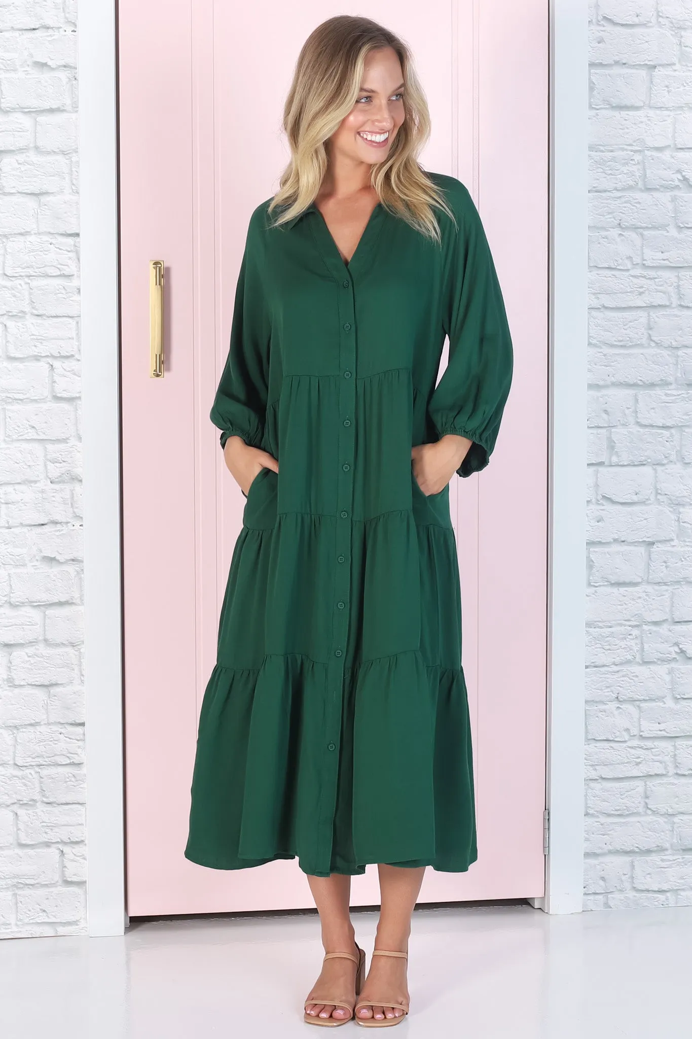 Zaraha Midi Dress - Folded Collar Button Down Tiered Dress in Green sold by Salty Crush product image thumbnail 5