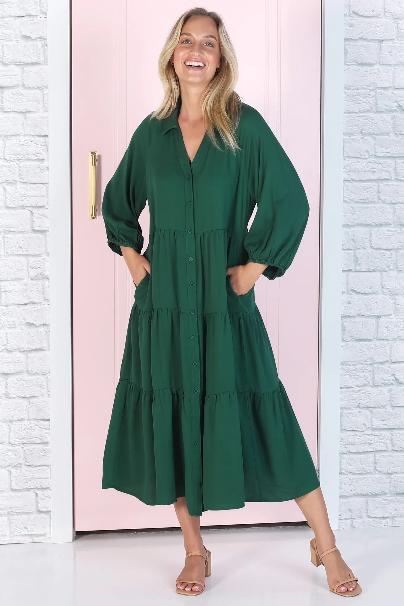 Zaraha Midi Dress - Folded Collar Button Down Tiered Dress in Green sold by Salty Crush product image thumbnail 3