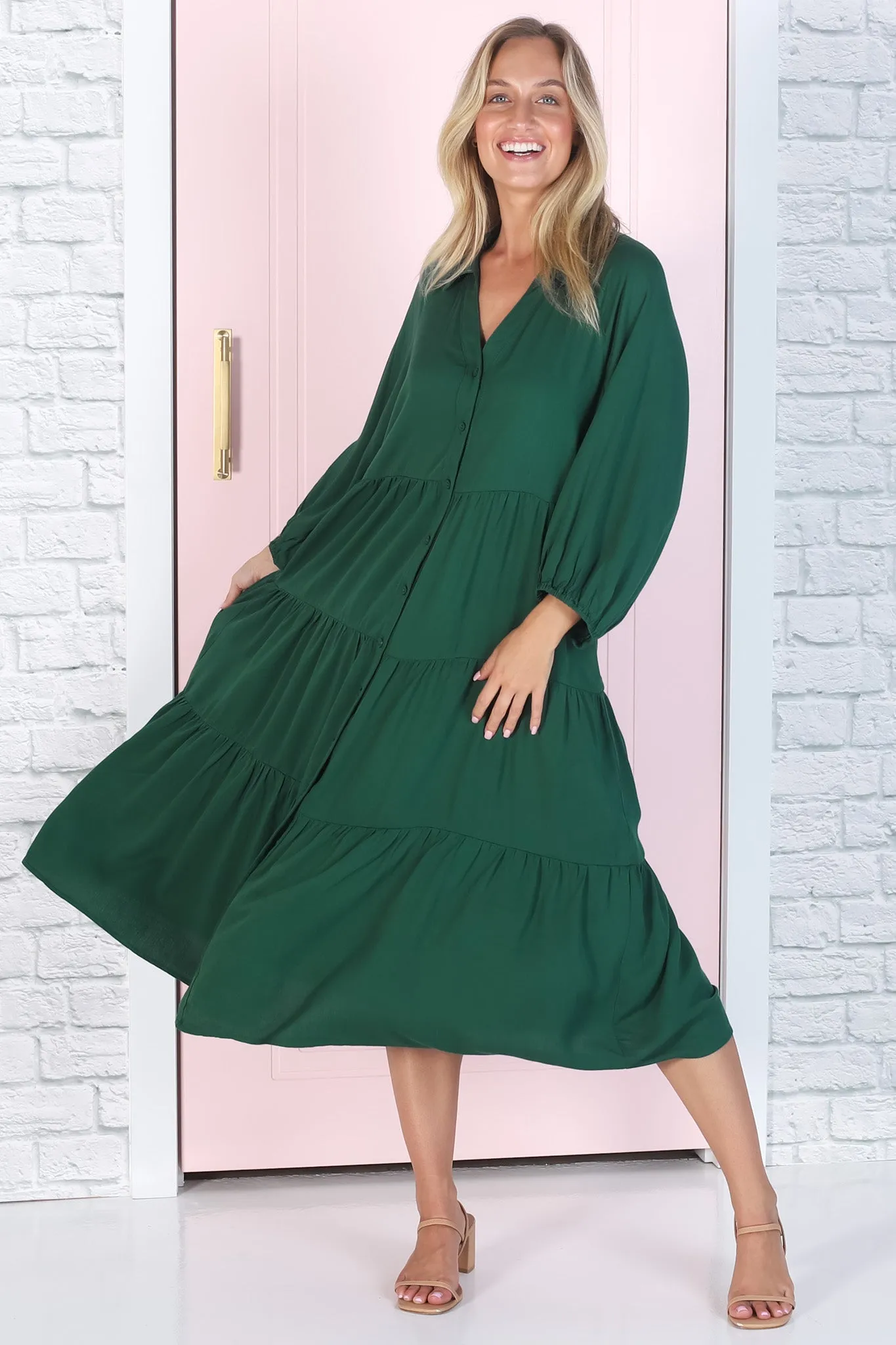 Zaraha Midi Dress - Folded Collar Button Down Tiered Dress in Green sold by Salty Crush product image thumbnail 4