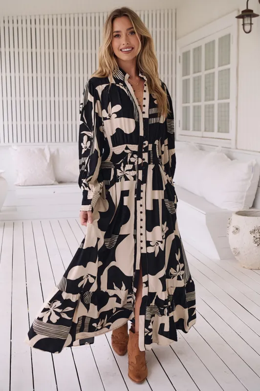 JAASE - Stella Maxi Dress: High Collared Button Through Maxi Dress in Genevieve Print sold by Salty Crush
