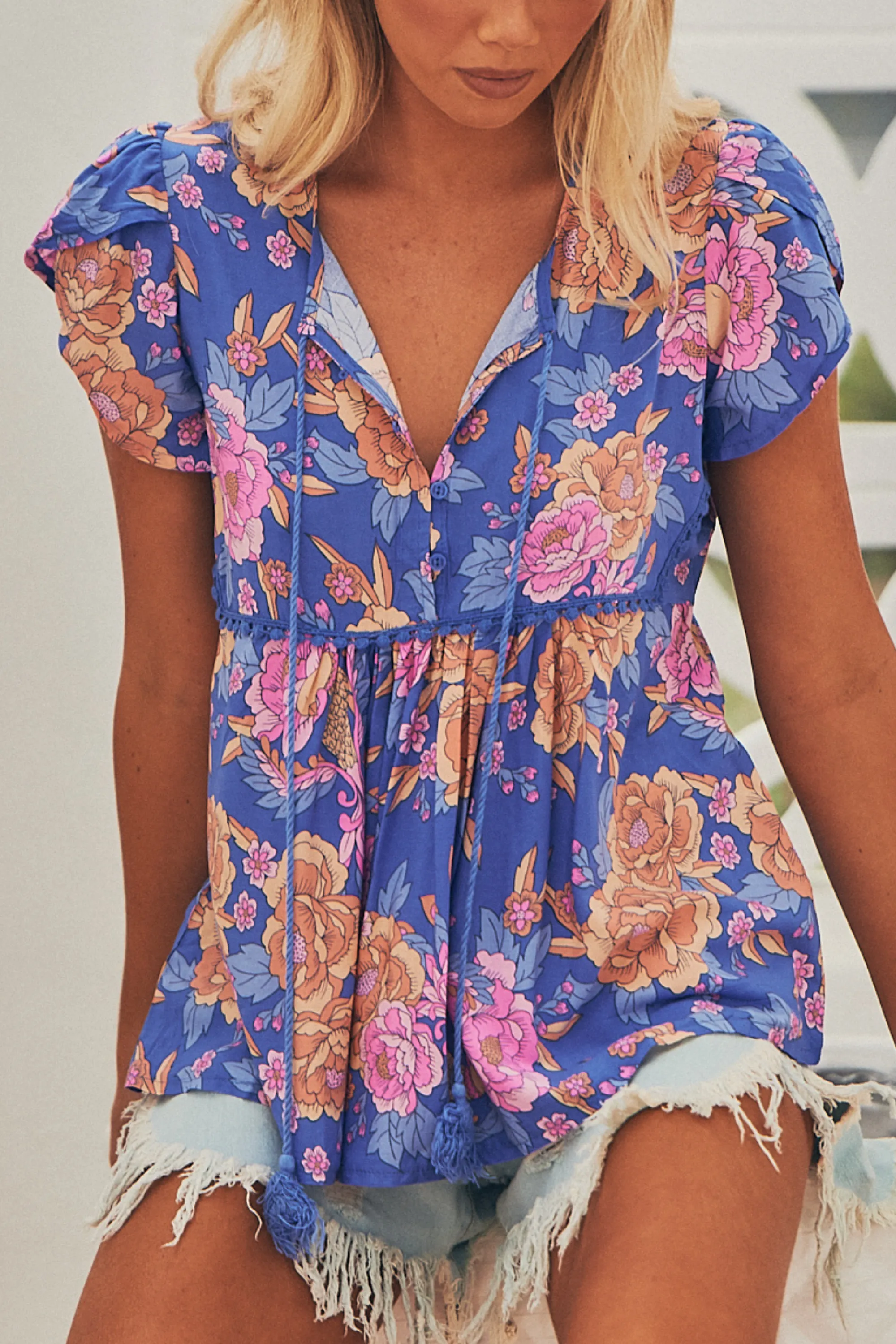 JAASE - Ella Top: Butterfly Cap Sleeve Smock Top with Neck Tie in Glastonbury Print sold by Salty Crush product image thumbnail 5