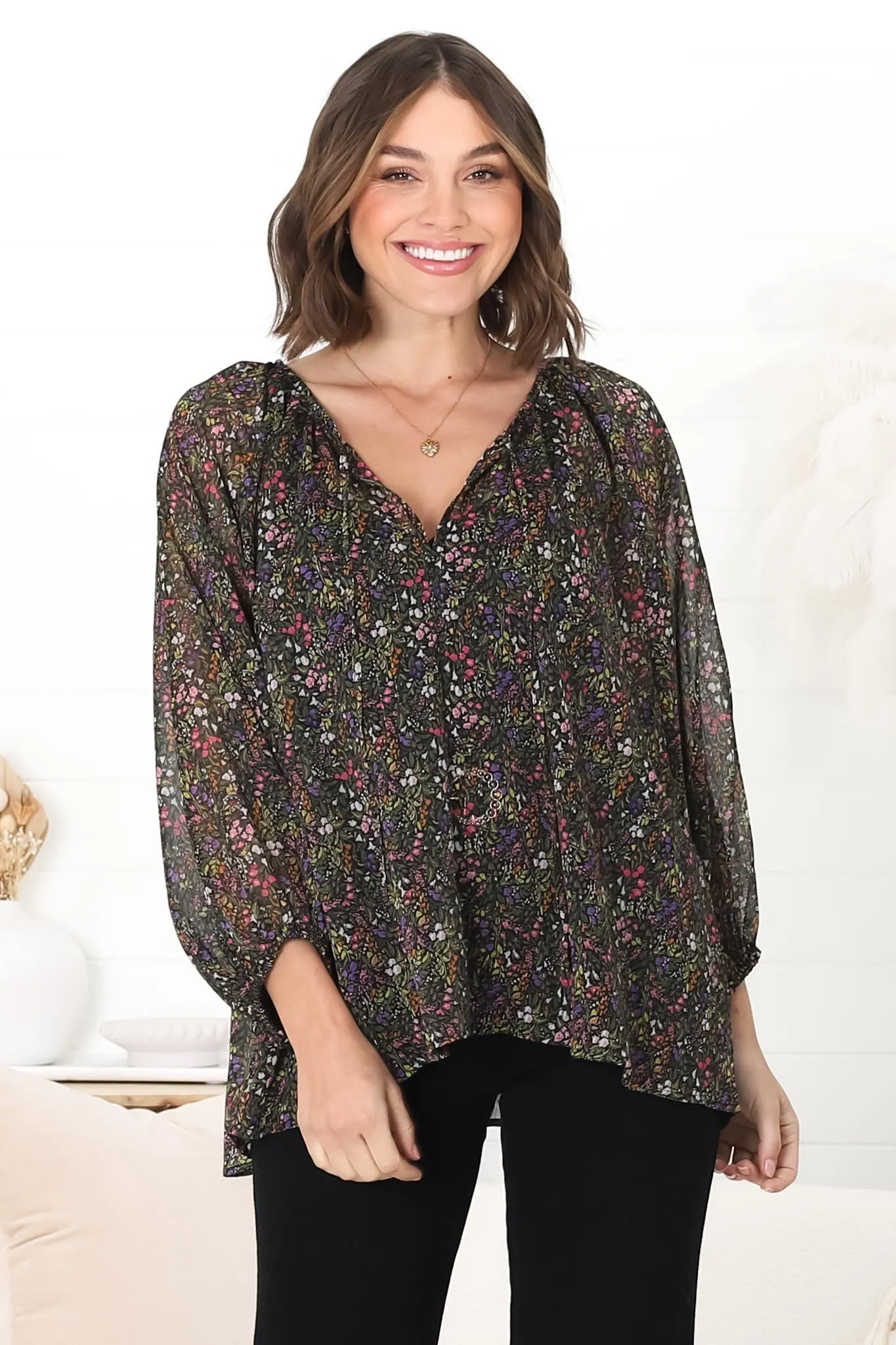 Marietta Top - Pull Over Plisse Blouse with Gold Tinsel Threading in Liz Print sold by Salty Crush product image thumbnail 5