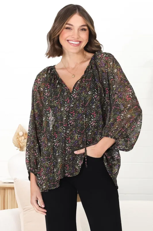 Marietta Top - Pull Over Plisse Blouse with Gold Tinsel Threading in Liz Print sold by Salty Crush