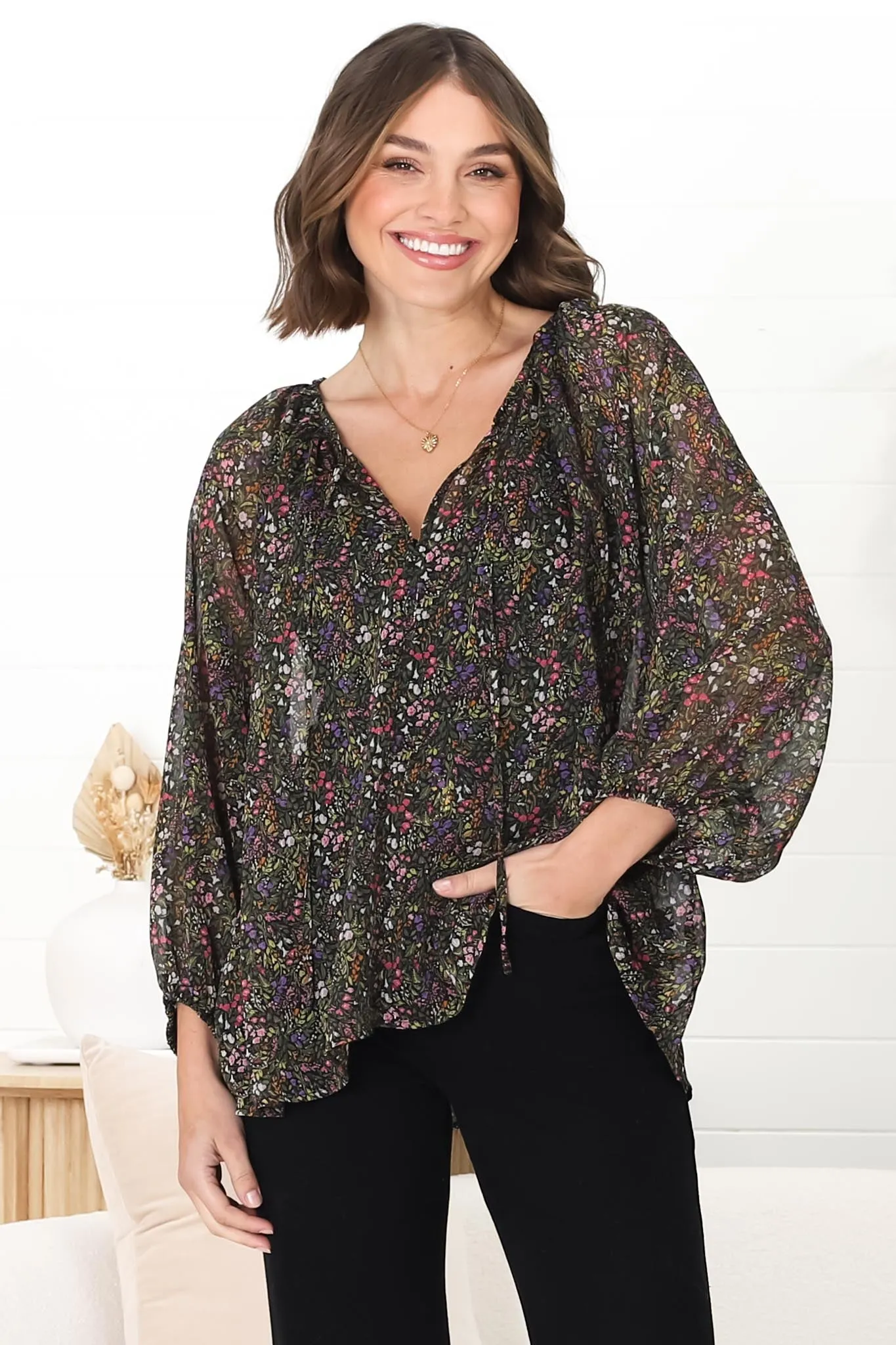 Marietta Top - Pull Over Plisse Blouse with Gold Tinsel Threading in Liz Print sold by Salty Crush