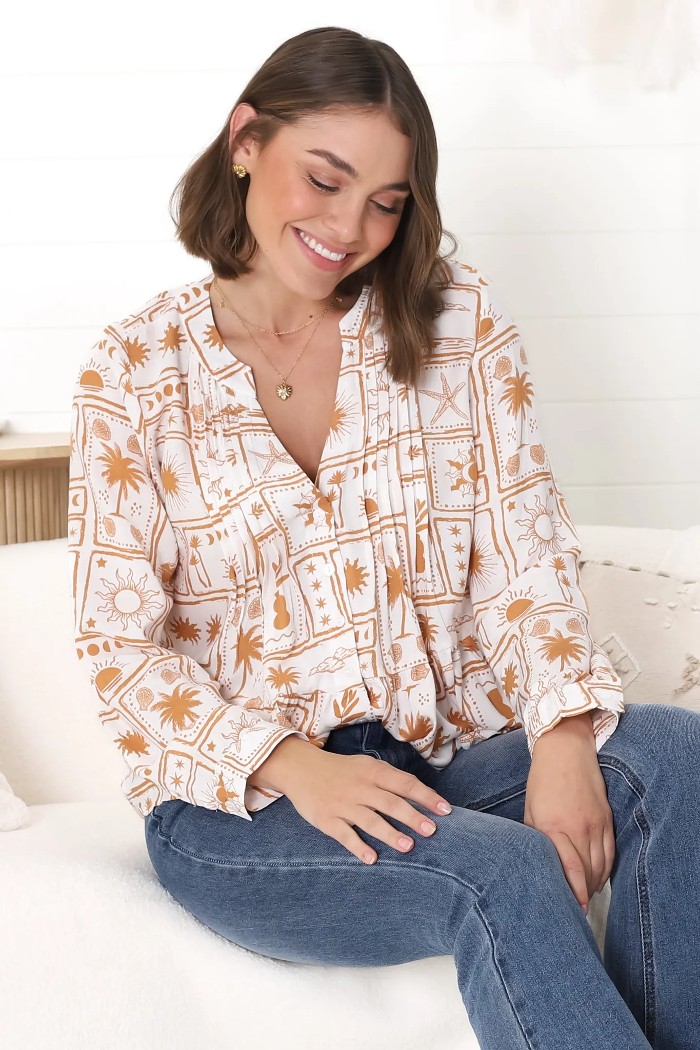 Lynn Blouse - Button Down Smock Top with Long Cuffed Sleeves in Cailan Print White sold by Salty Crush product image thumbnail 2