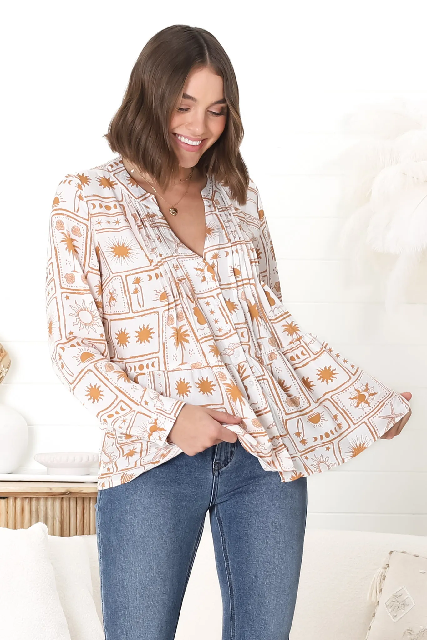 Lynn Blouse - Button Down Smock Top with Long Cuffed Sleeves in Cailan Print White sold by Salty Crush product image thumbnail 5