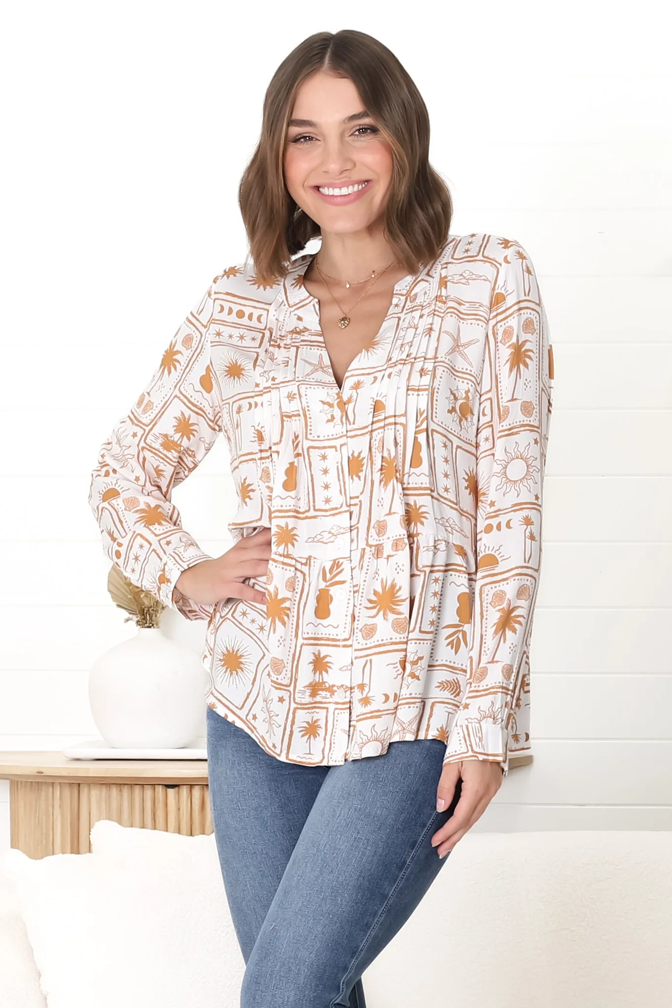 Lynn Blouse - Button Down Smock Top with Long Cuffed Sleeves in Cailan Print White sold by Salty Crush product image thumbnail 3
