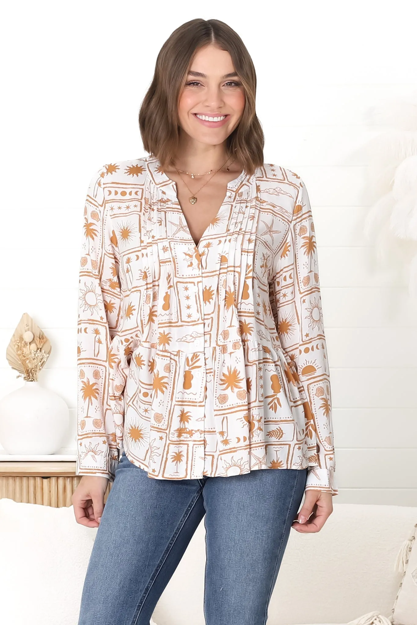 Lynn Blouse - Button Down Smock Top with Long Cuffed Sleeves in Cailan Print White sold by Salty Crush product image thumbnail 4