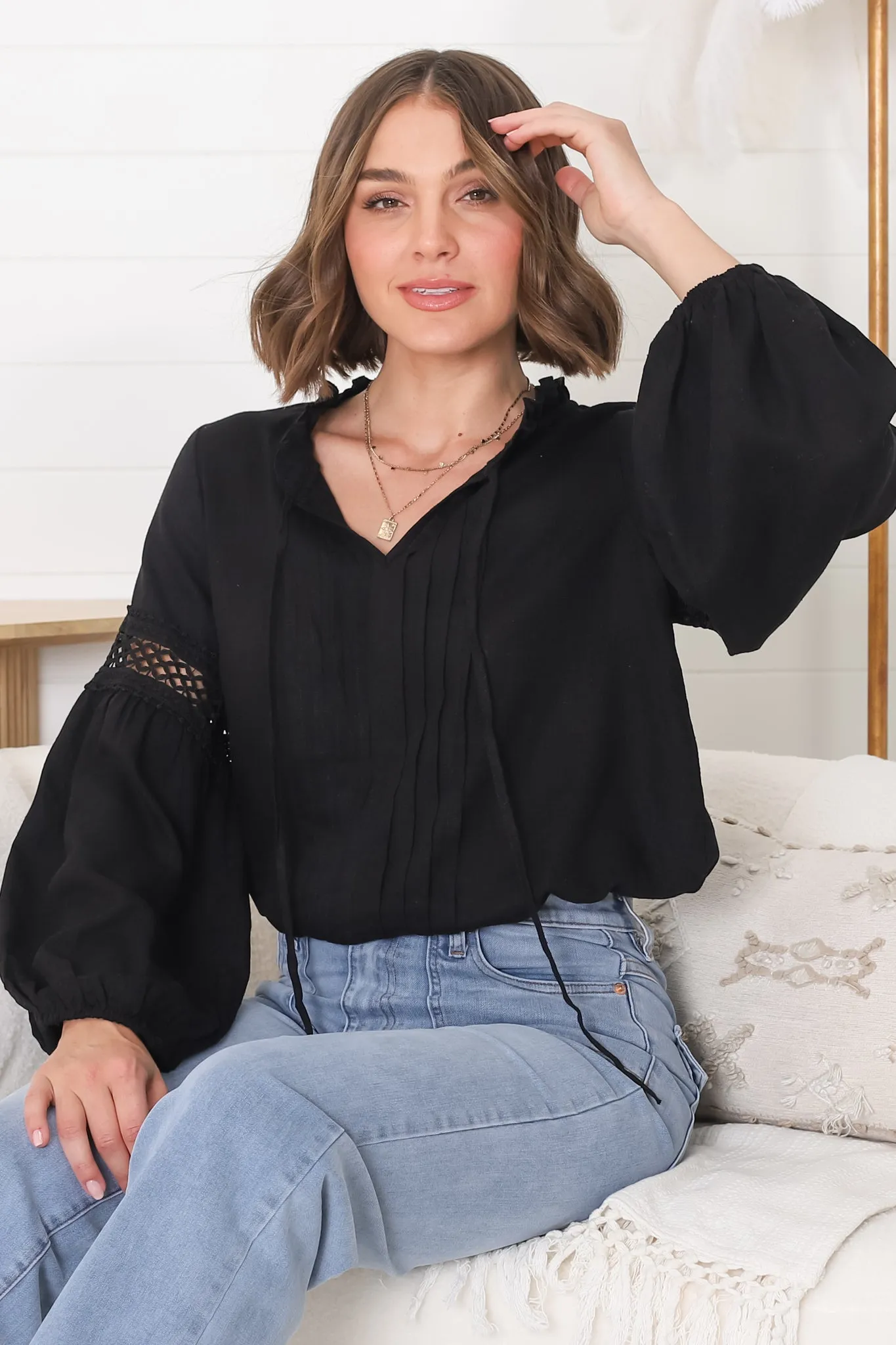 Silas Top - Cotton Blend Pleating and Crochet Detailed Long Sleeve Blouse in Black sold by Salty Crush