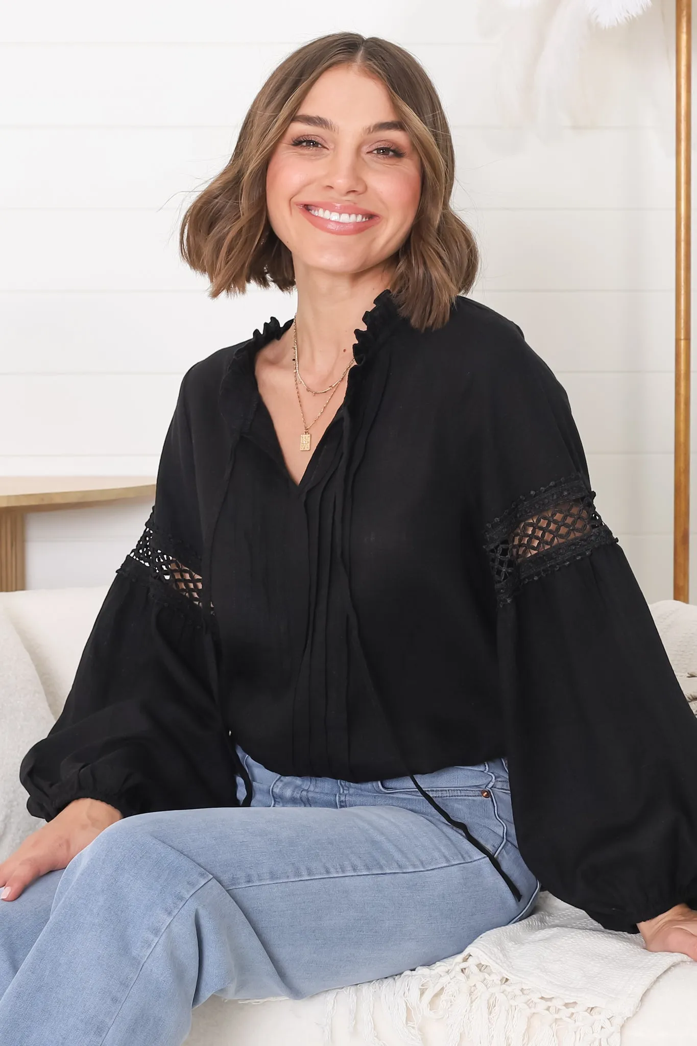 Silas Top - Cotton Blend Pleating and Crochet Detailed Long Sleeve Blouse in Black sold by Salty Crush product image thumbnail 5