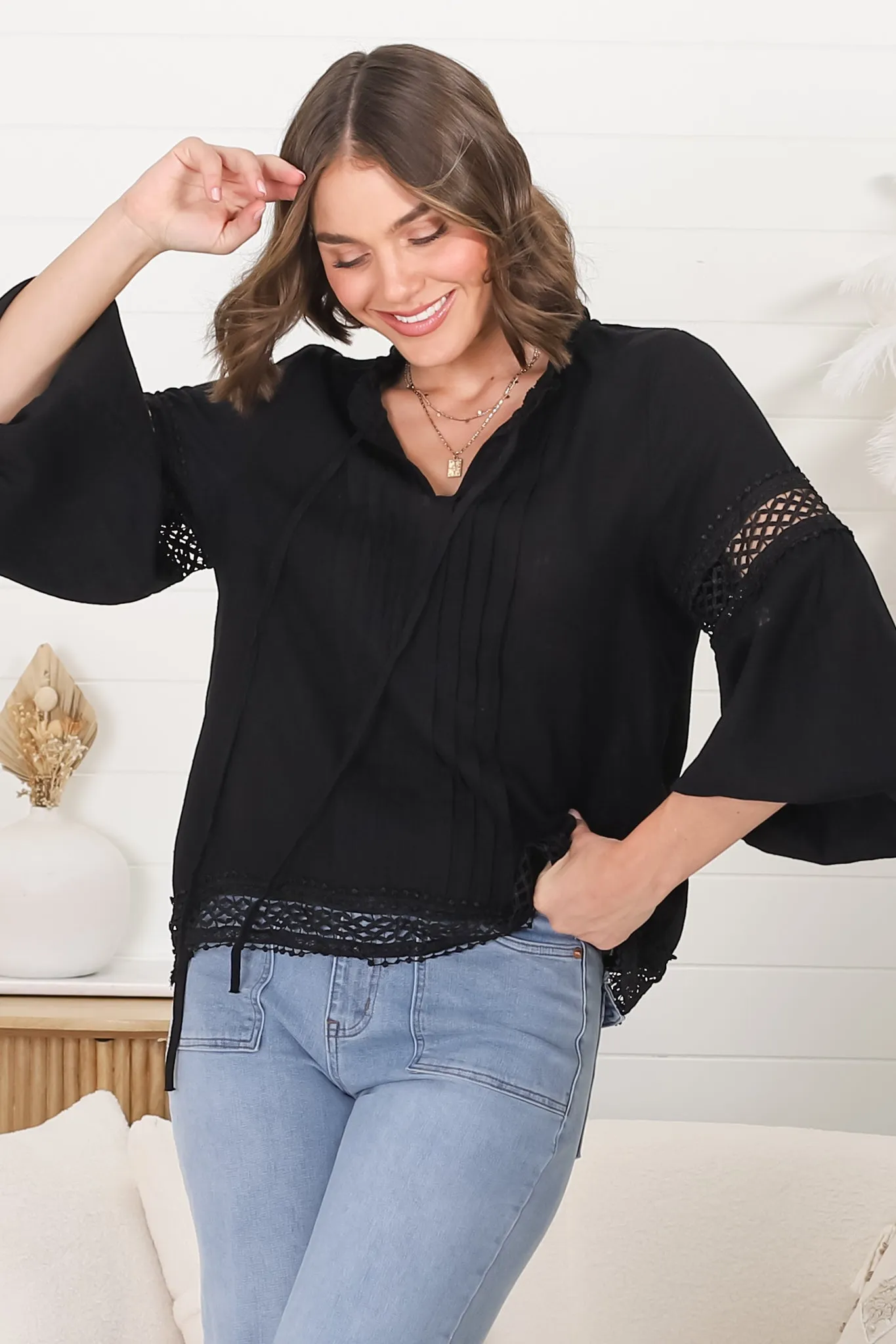 Silas Top - Cotton Blend Pleating and Crochet Detailed Long Sleeve Blouse in Black sold by Salty Crush product image thumbnail 3