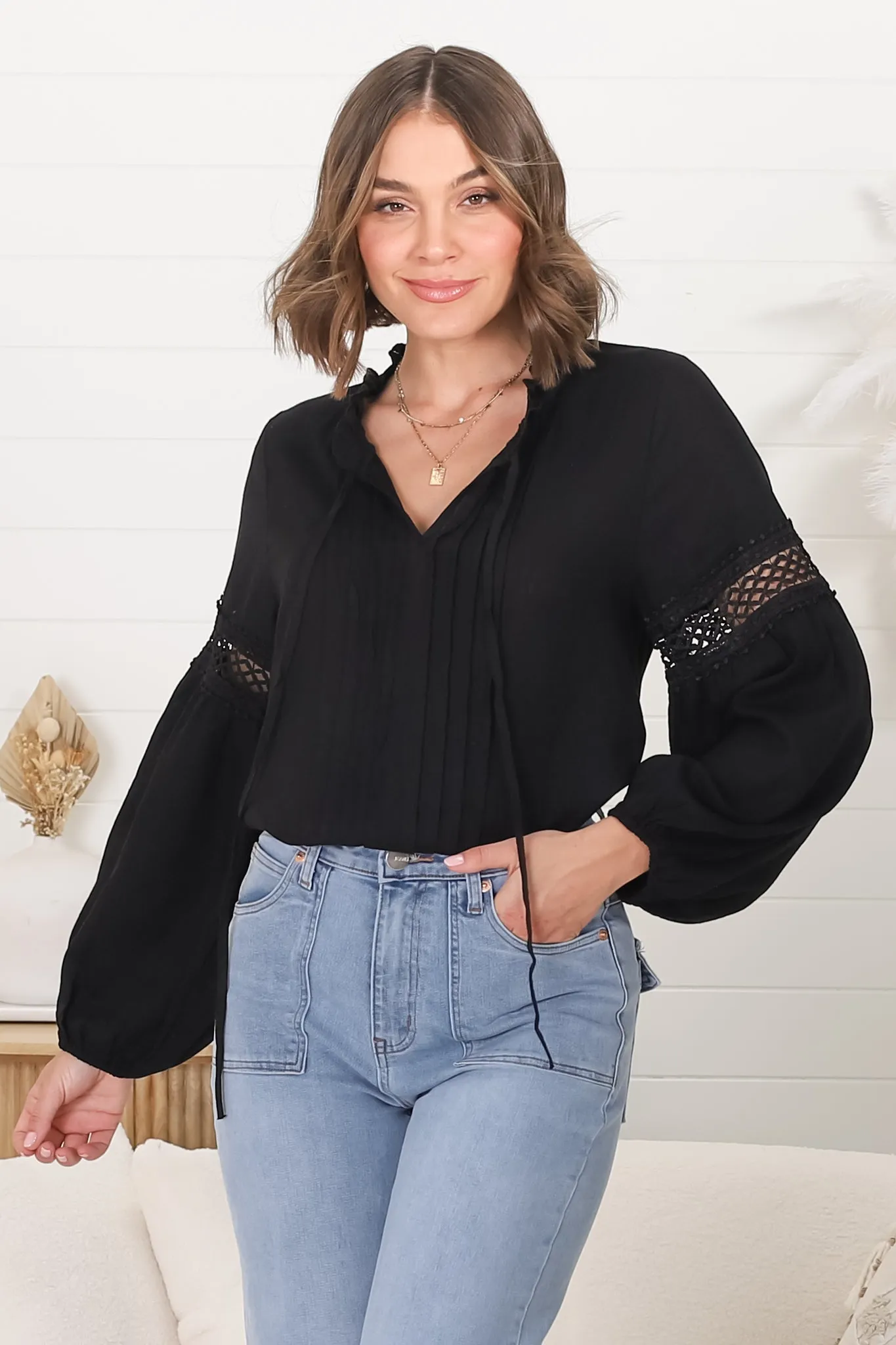 Silas Top - Cotton Blend Pleating and Crochet Detailed Long Sleeve Blouse in Black sold by Salty Crush product image thumbnail 2
