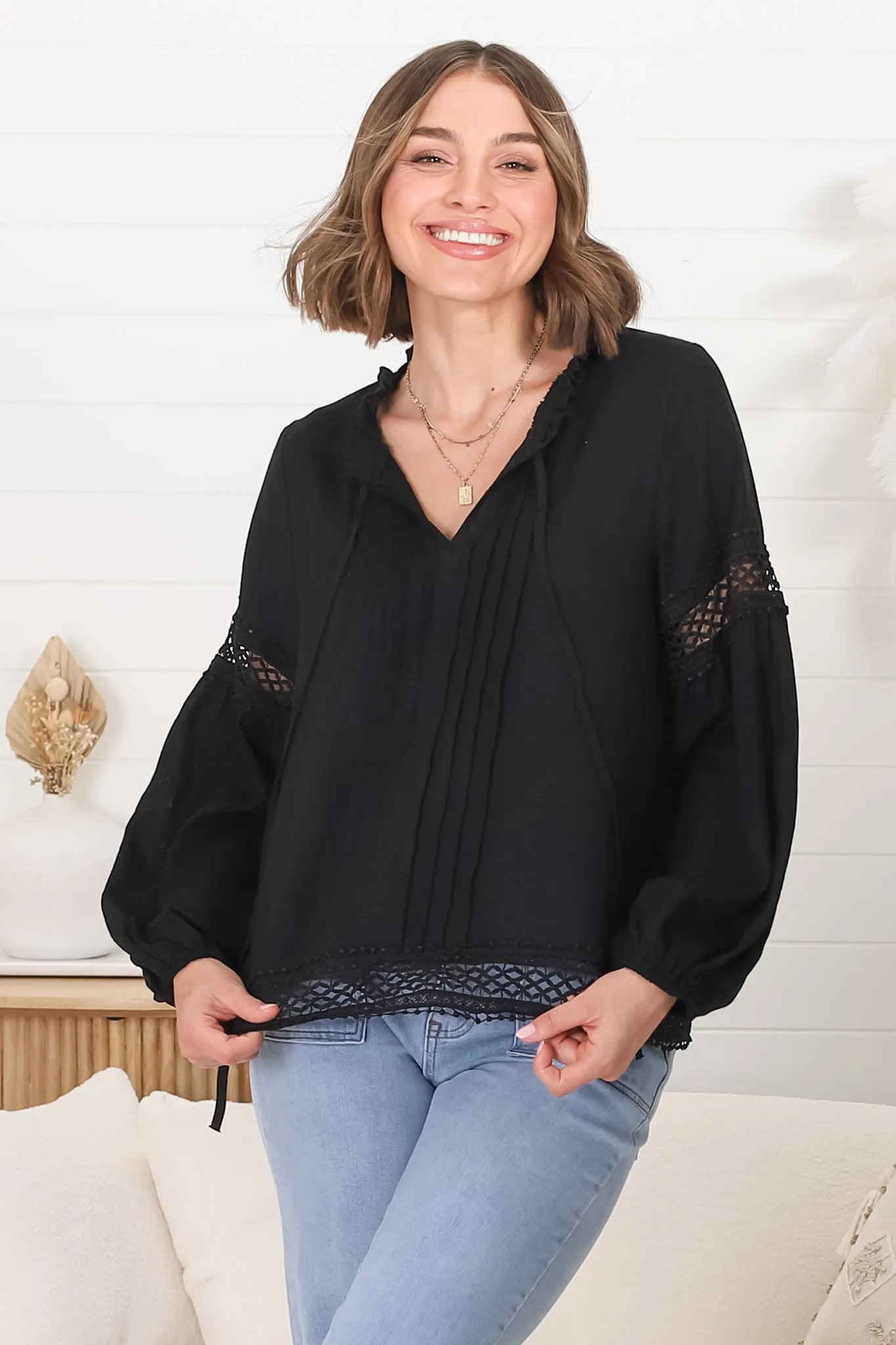 Silas Top - Cotton Blend Pleating and Crochet Detailed Long Sleeve Blouse in Black sold by Salty Crush product image thumbnail 4