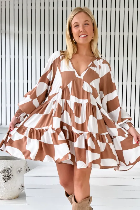 JAASE - Soul Mini Dress: Mandarin Collar V Neck Long Sleeve Smock Dress in Boston Print sold by Salty Crush