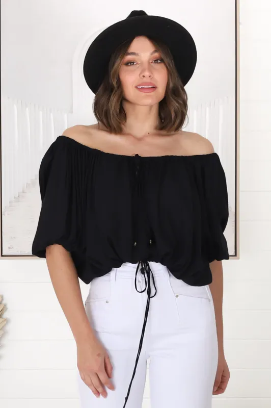 Thelma Top - Multiway Wear Pull In Neckline and Hemline Top in Black sold by Salty Crush