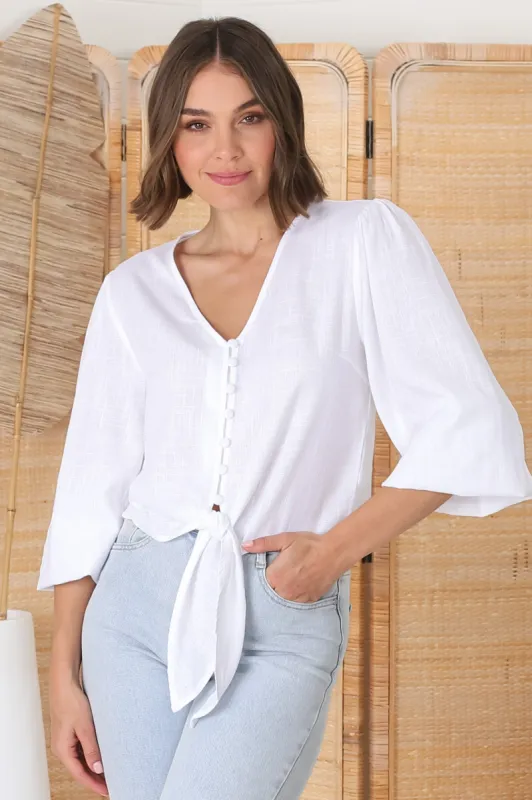 Amber Top - Button Down with Tie Detail Top in White sold by Salty Crush