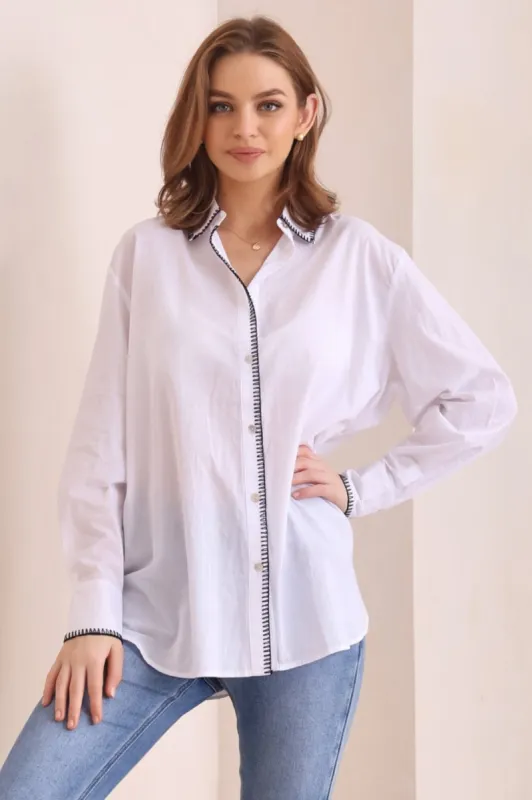Whistler Shirt - Contrast Stitch Button Down Shirt in White sold by Salty Crush
