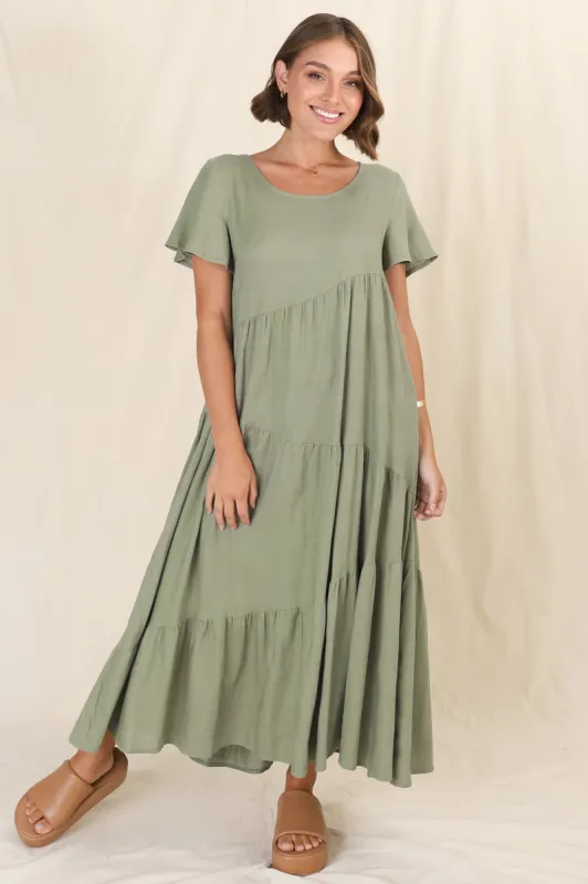 Allegra Midi Dress - Relaxed Asymmetric Tiered Linen Smock Dress in Khaki sold by Salty Crush