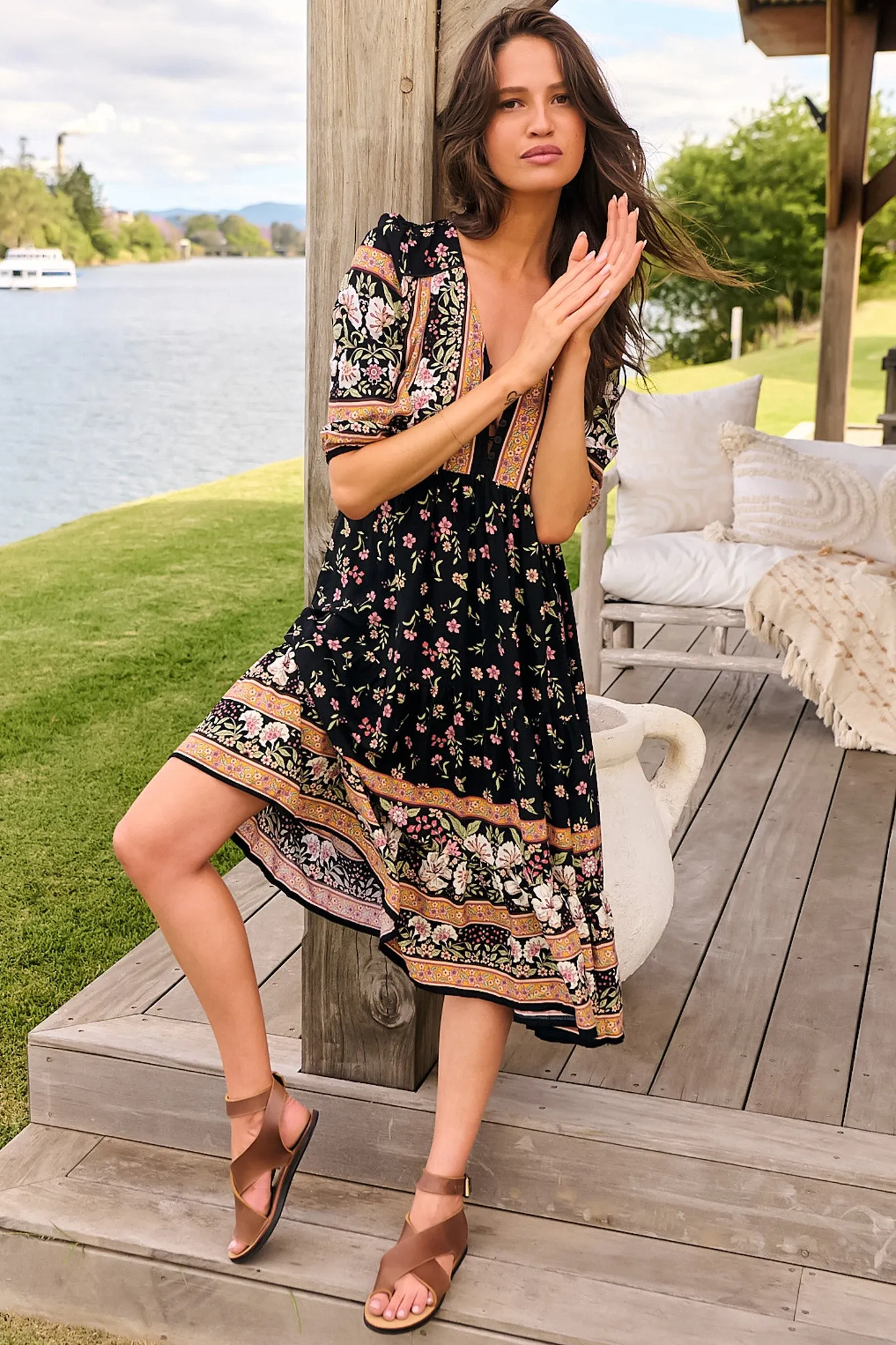 Eve Midi Dress - V Neck Tiered Dress with Option Waist Tie in Eternity Print sold by Salty Crush product image thumbnail 3