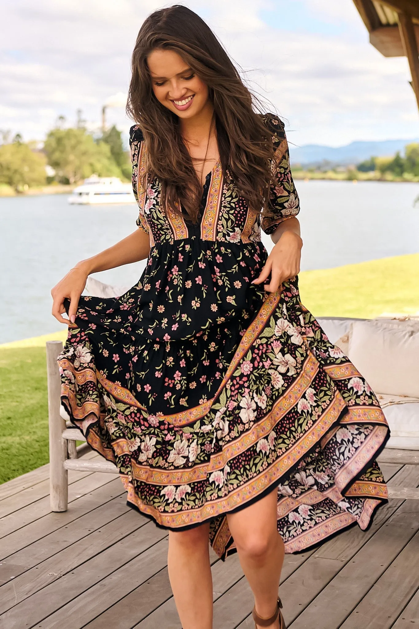 Eve Midi Dress - V Neck Tiered Dress with Option Waist Tie in Eternity Print sold by Salty Crush product image thumbnail 5