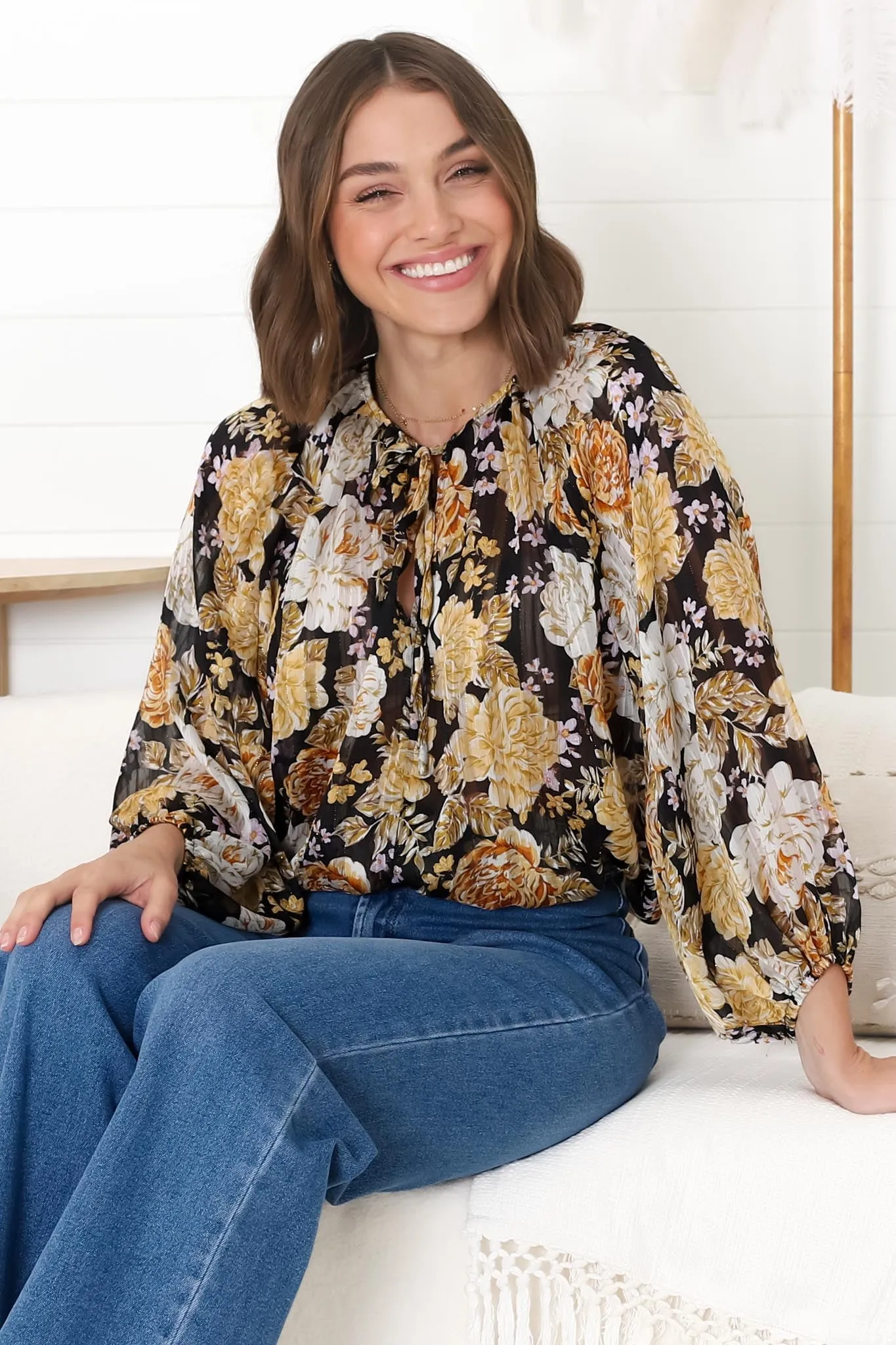Marietta Top - Pull Over Plisse Blouse with Gold Tinsel Threading in Elsa Print Black sold by Salty Crush product image thumbnail 4