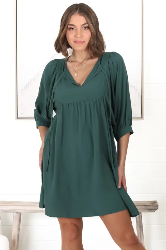 Mariah Mini Dress - V Neck Smock Dress with Batwing Sleeves in Emerald sold by Salty Crush