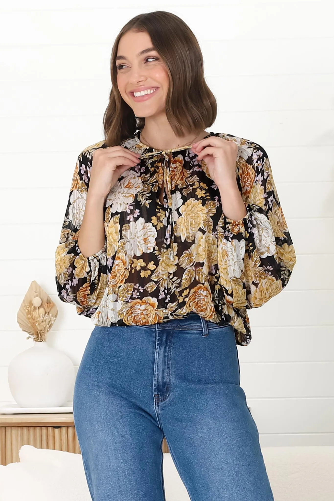 Marietta Top - Pull Over Plisse Blouse with Gold Tinsel Threading in Elsa Print Black sold by Salty Crush product image thumbnail 2