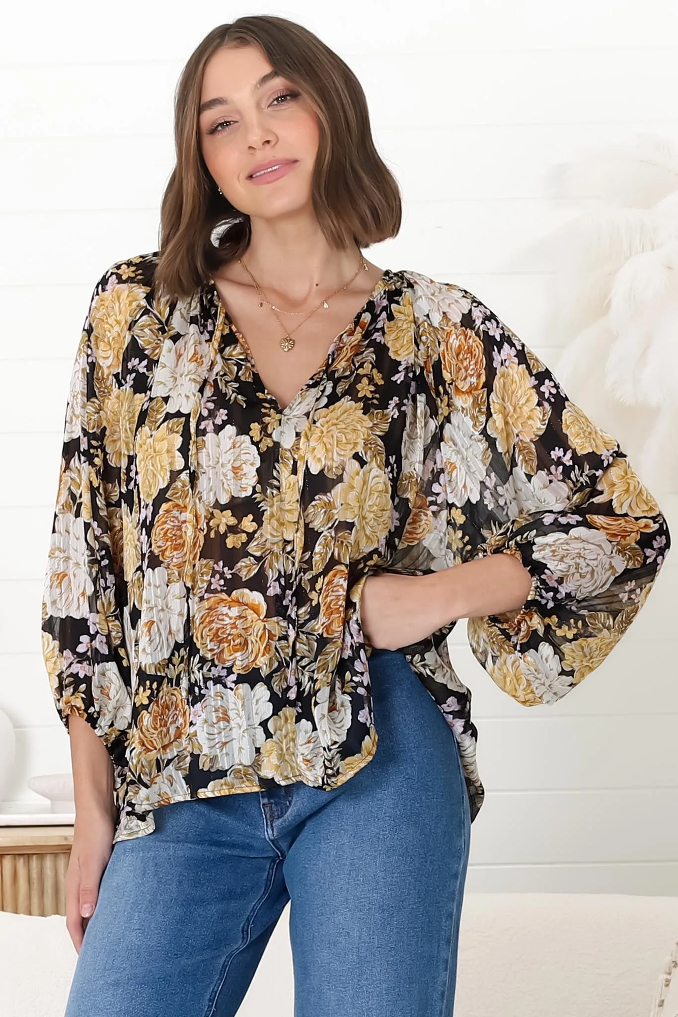 Marietta Top - Pull Over Plisse Blouse with Gold Tinsel Threading in Elsa Print Black sold by Salty Crush product image thumbnail 5