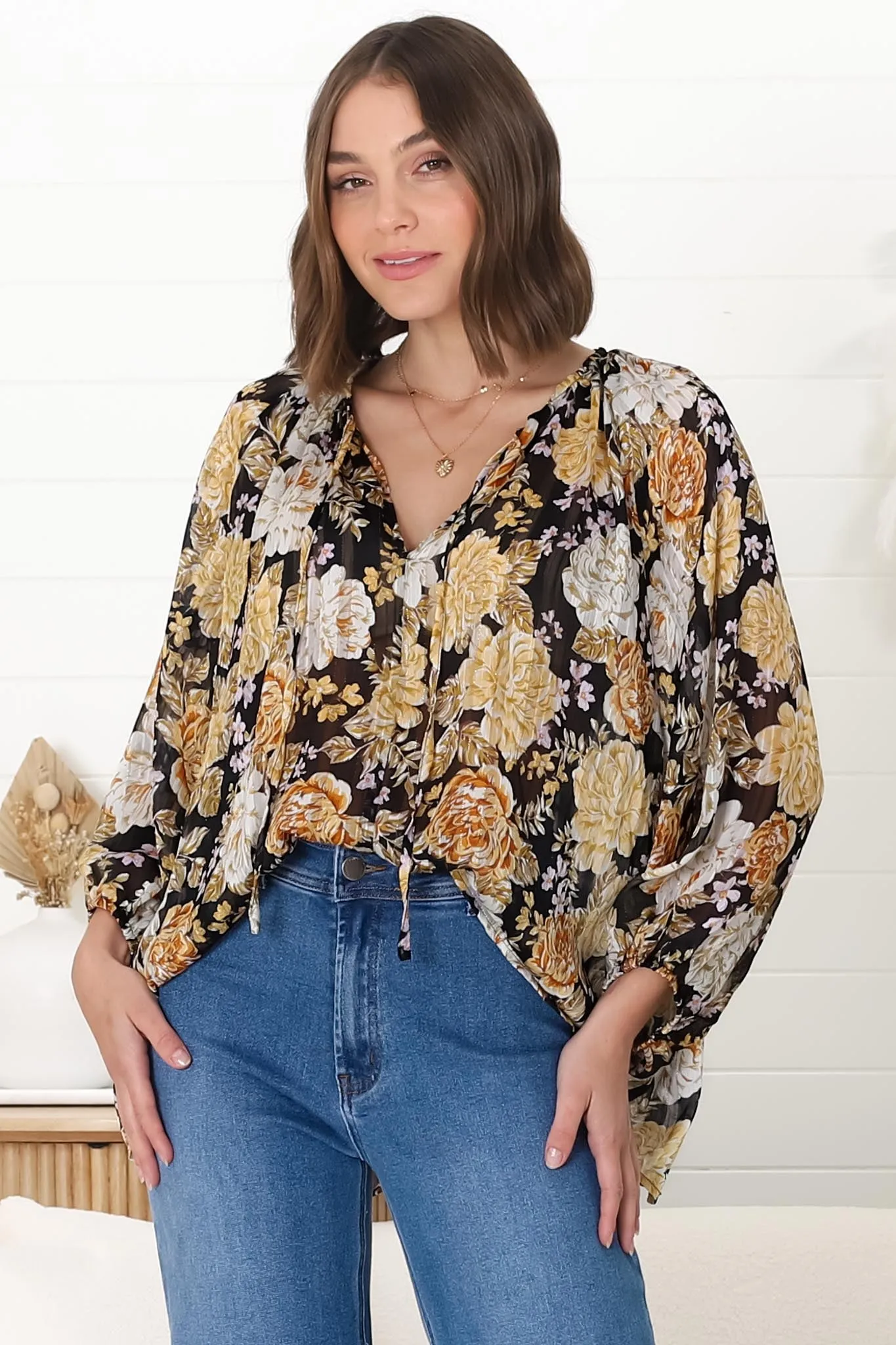 Marietta Top - Pull Over Plisse Blouse with Gold Tinsel Threading in Elsa Print Black sold by Salty Crush product image thumbnail 3