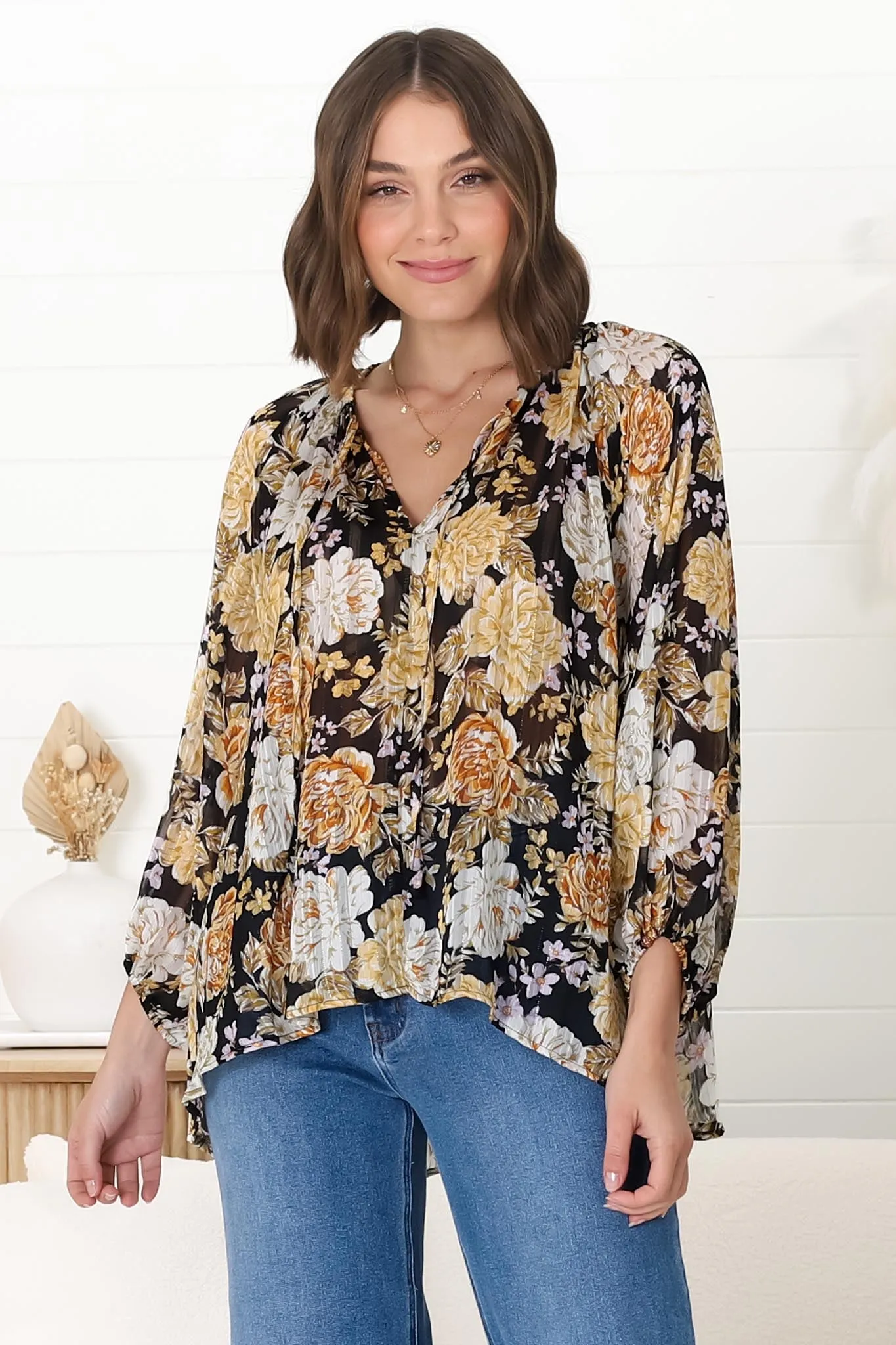 Marietta Top - Pull Over Plisse Blouse with Gold Tinsel Threading in Elsa Print Black sold by Salty Crush
