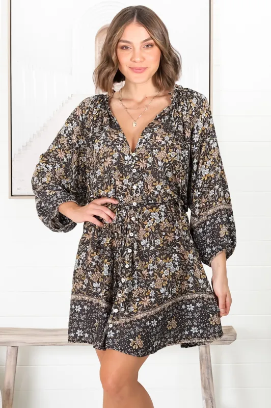 Lolla Mini Dress - V Neck Button Down with Matching Waist Tie Dress in Iris Print Black sold by Salty Crush