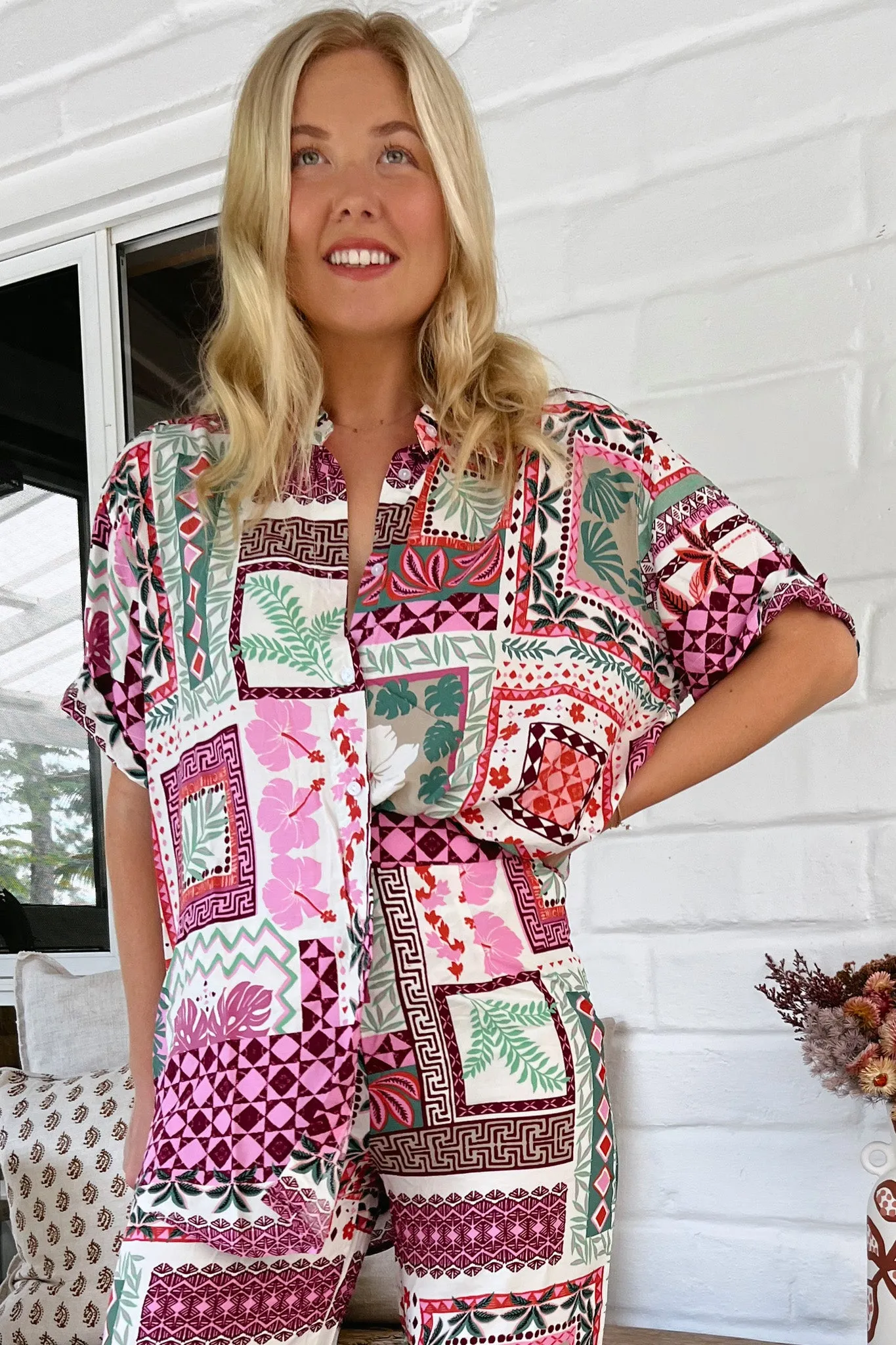 JAASE - Lola Shirt: High-Low Button Down Shirt in Aelia Print sold by Salty Crush