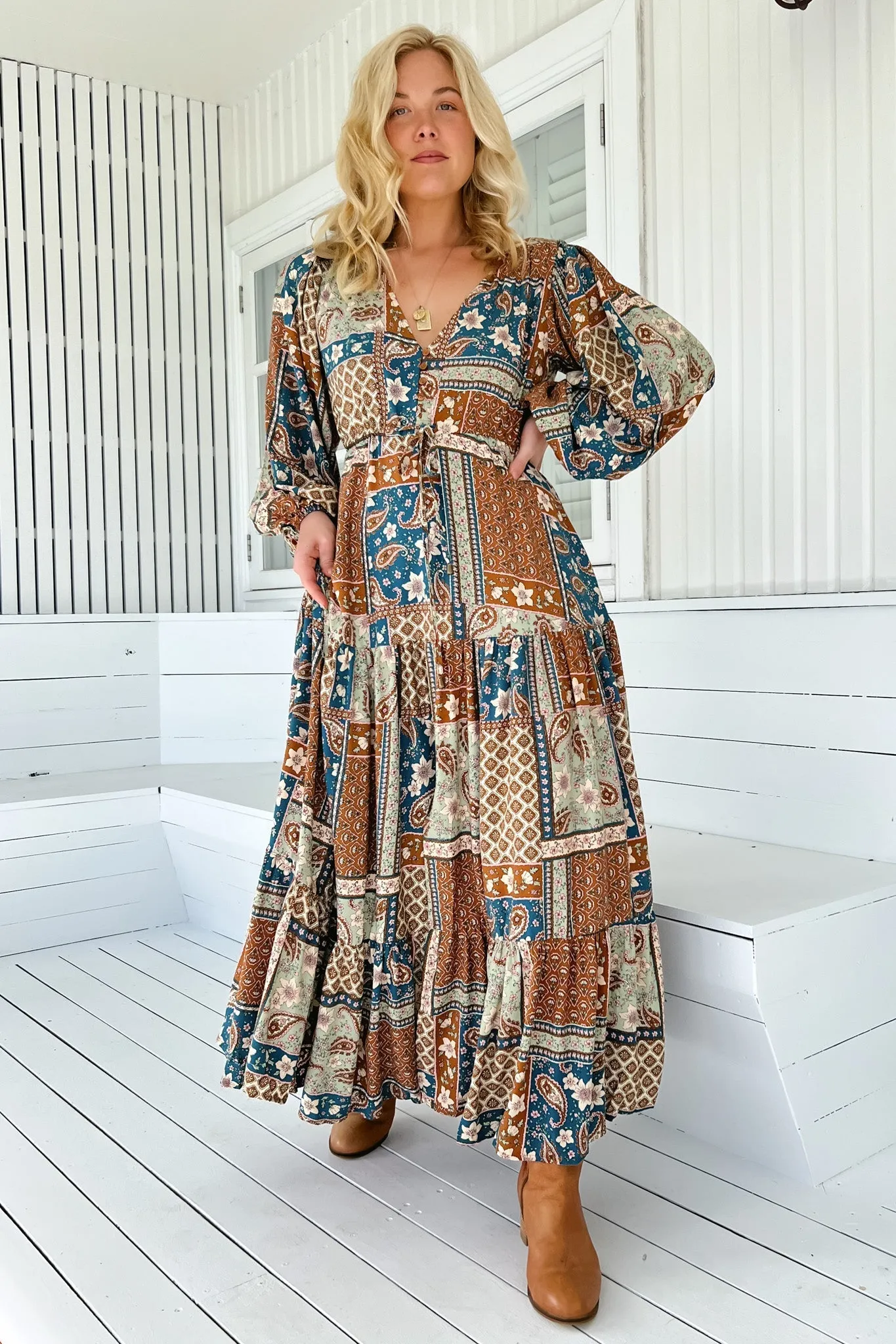 JAASE - Teresa Maxi Dress: A Line Dress with Long Balloon Sleeves in Izabelle Print sold by Salty Crush product image thumbnail 3