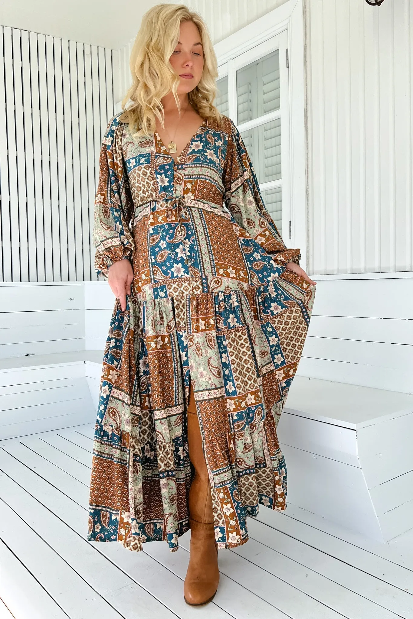 JAASE - Teresa Maxi Dress: A Line Dress with Long Balloon Sleeves in Izabelle Print sold by Salty Crush product image thumbnail 4
