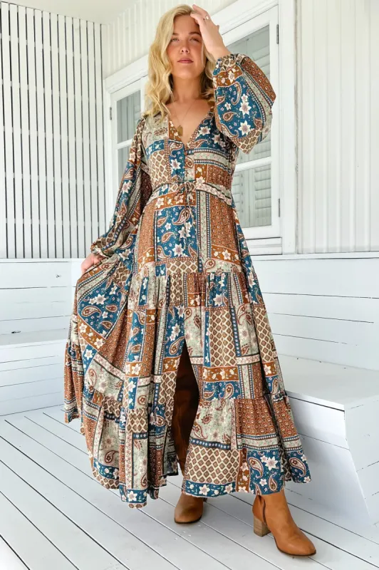 JAASE - Teresa Maxi Dress: A Line Dress with Long Balloon Sleeves in Izabelle Print sold by Salty Crush
