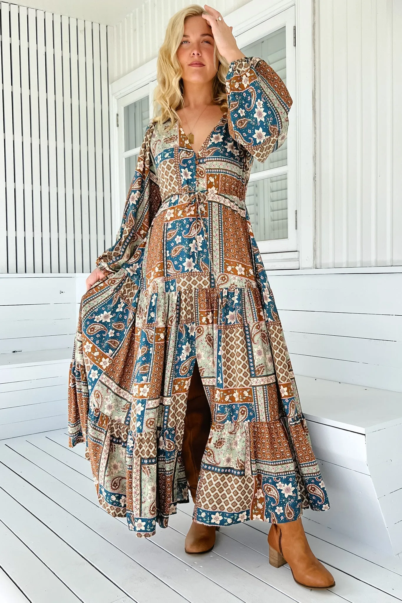 JAASE - Teresa Maxi Dress: A Line Dress with Long Balloon Sleeves in Izabelle Print sold by Salty Crush