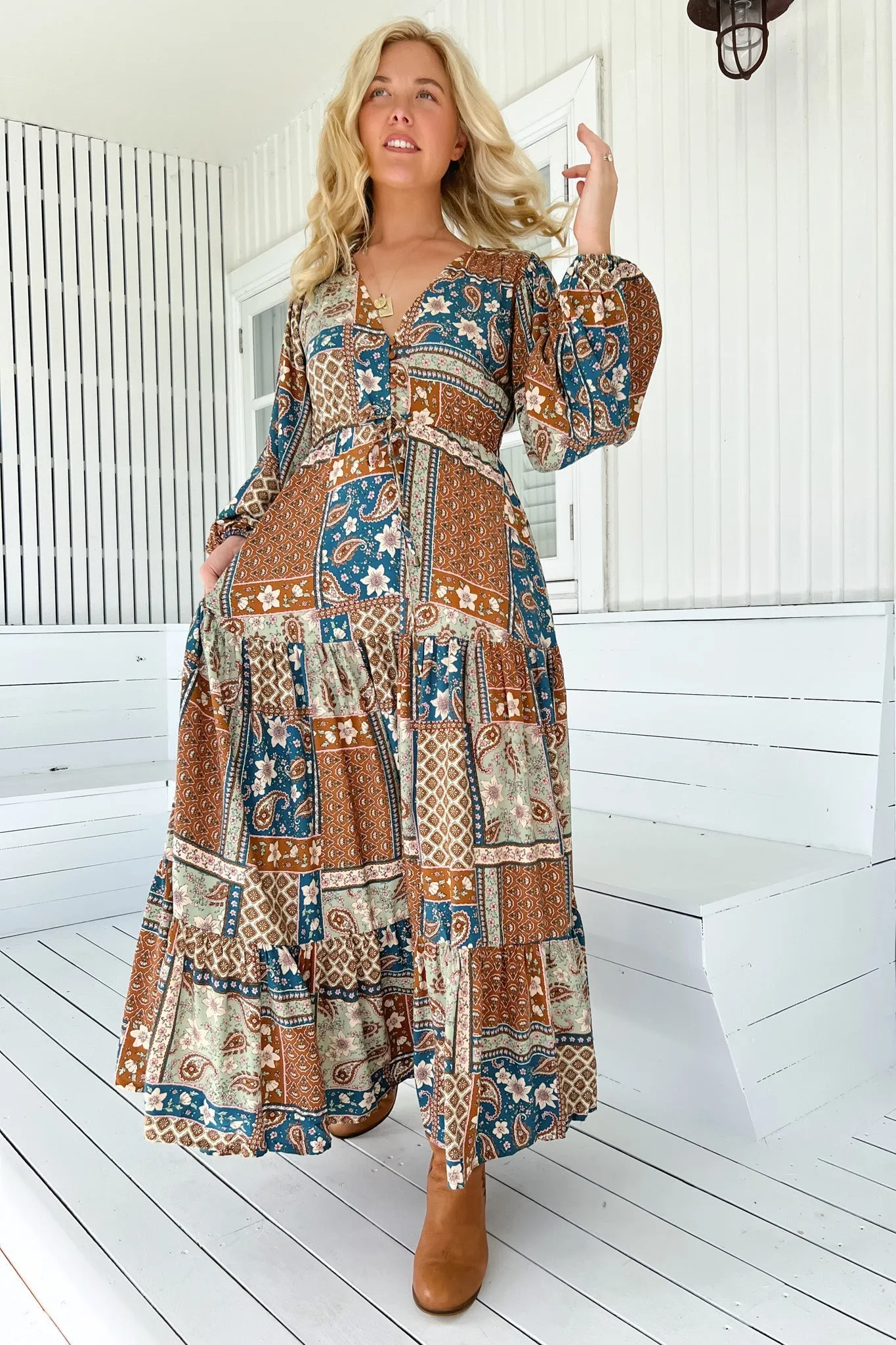 JAASE - Teresa Maxi Dress: A Line Dress with Long Balloon Sleeves in Izabelle Print sold by Salty Crush product image thumbnail 5