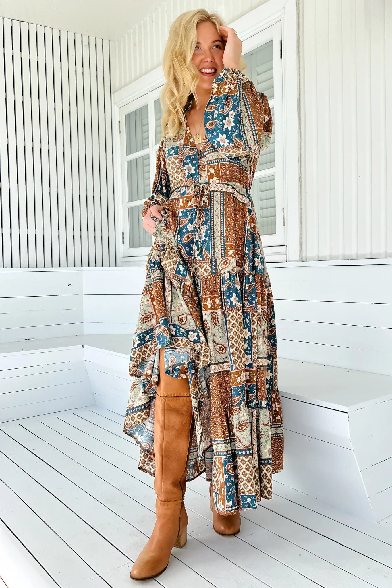 JAASE - Teresa Maxi Dress: A Line Dress with Long Balloon Sleeves in Izabelle Print sold by Salty Crush product image thumbnail 2