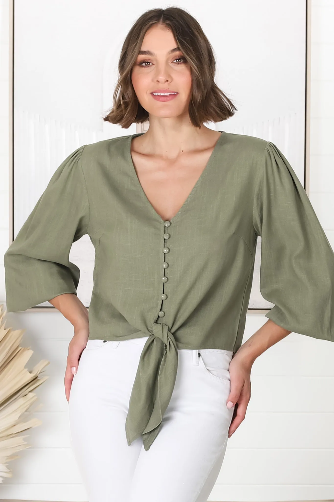 Amber Top - Button Down with Tie Detail Top in Green sold by Salty Crush product image thumbnail 5