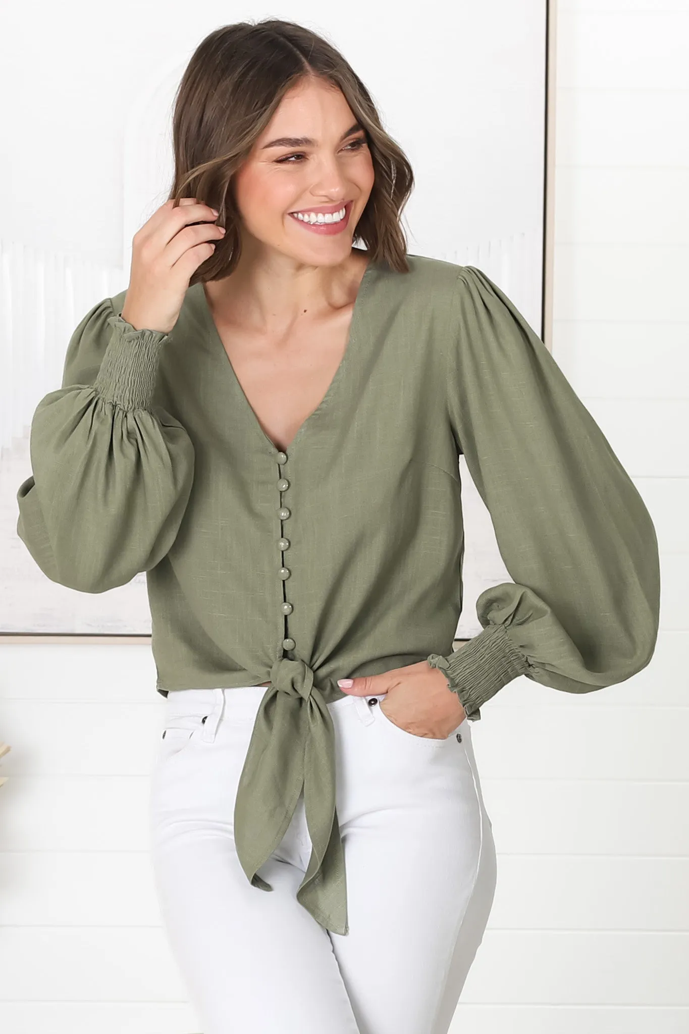Amber Top - Button Down with Tie Detail Top in Green sold by Salty Crush product image thumbnail 3