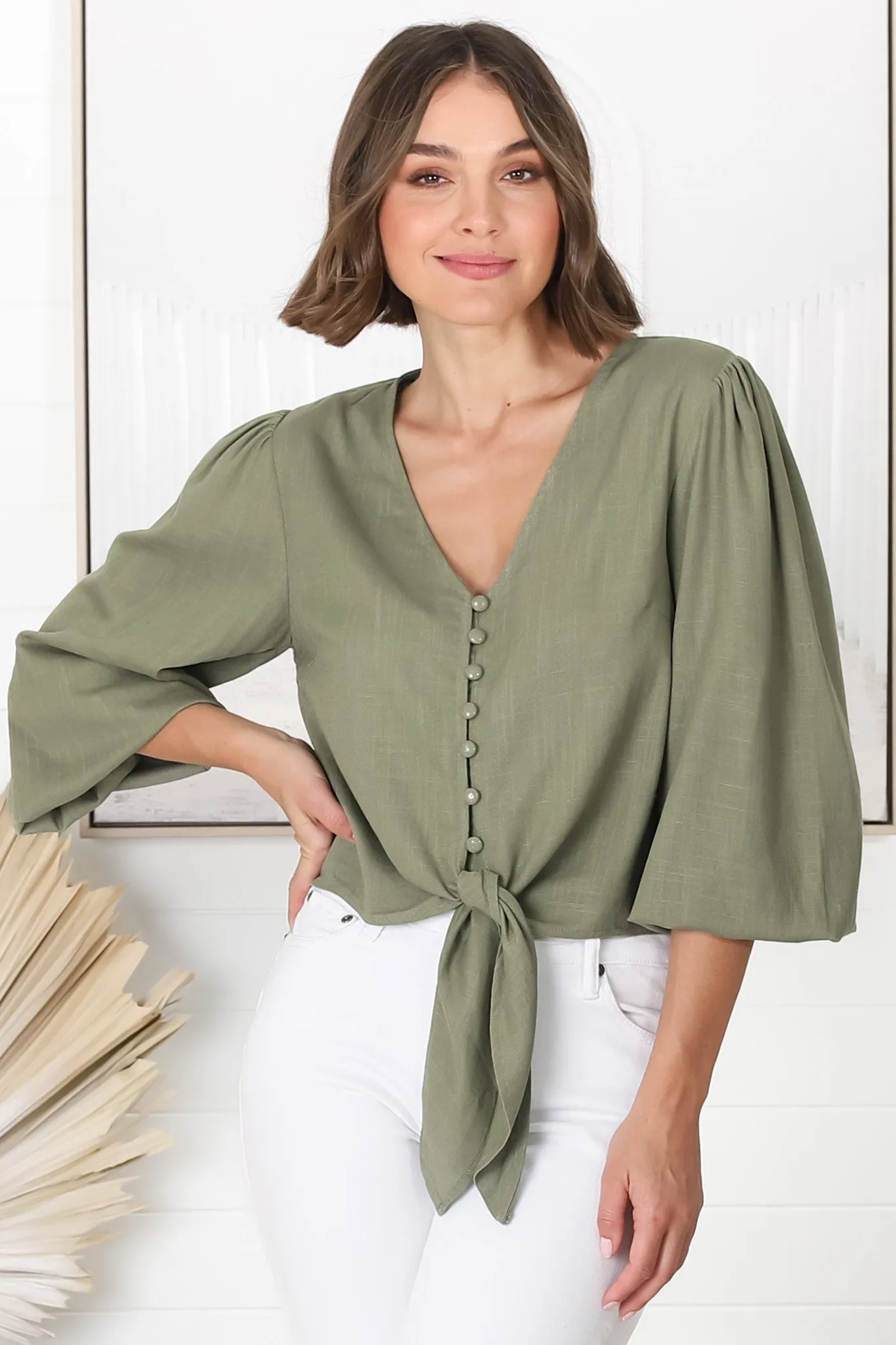 Amber Top - Button Down with Tie Detail Top in Green sold by Salty Crush