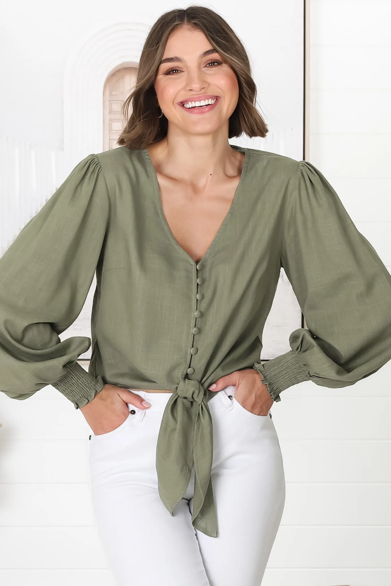 Amber Top - Button Down with Tie Detail Top in Green sold by Salty Crush product image thumbnail 4