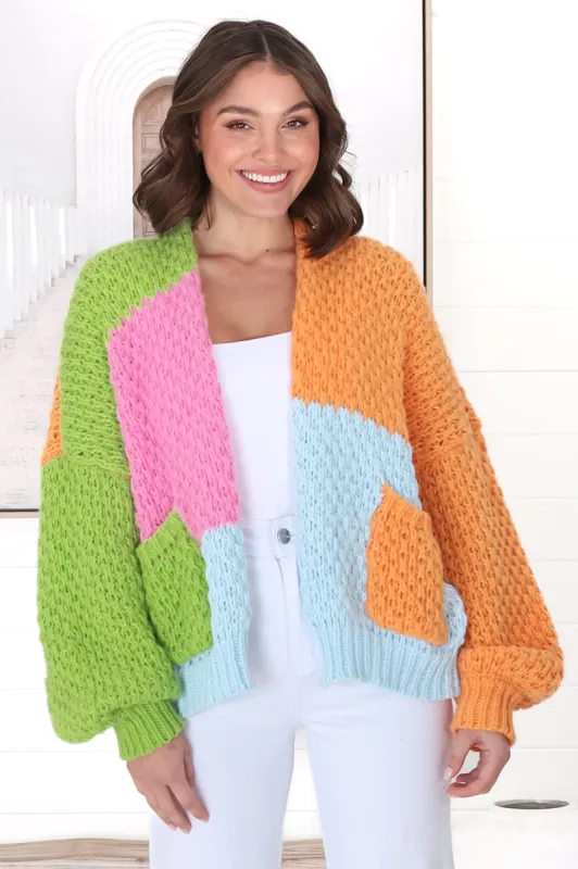 Stacey Cardigan - Waffle Knit Colour Block Crop Cardigan in Orange sold by Salty Crush