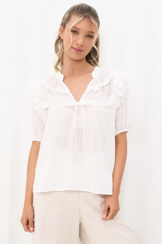 Hilda Blouse - V Neck Frill Collar Top with Short Balloon Sleeves in White sold by Salty Crush