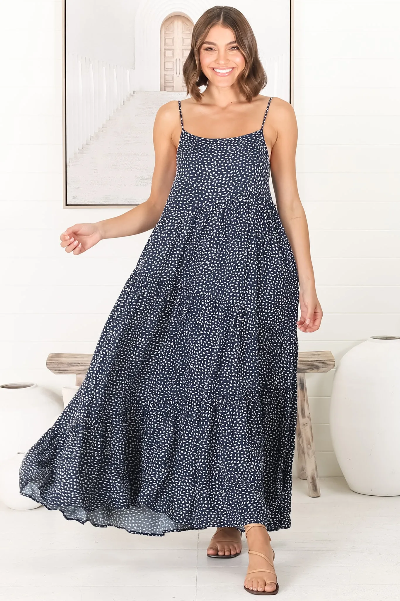 Kana Maxi Dress - Spaghetti Strap Asymmetric Tiered Dress in Bell Print sold by Salty Crush product image thumbnail 4